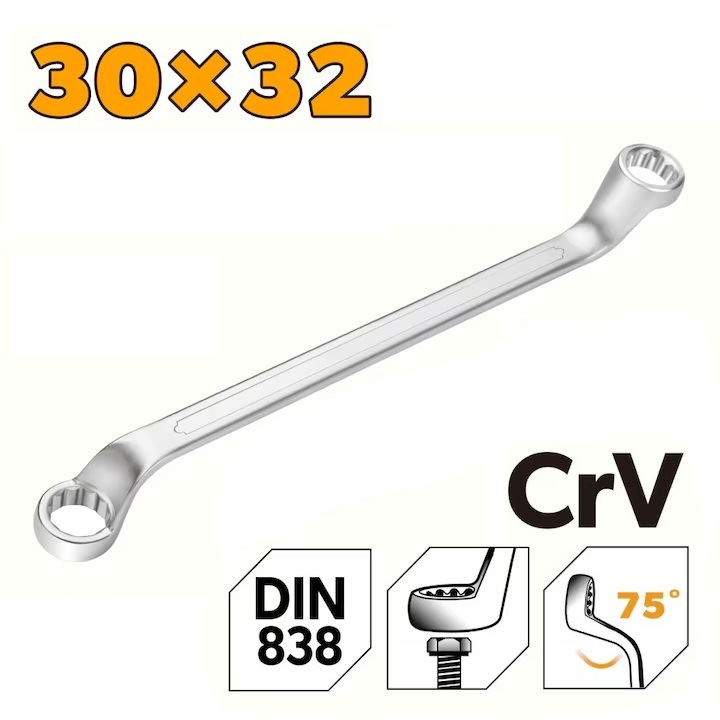 Cheie inelara dubla 30x32 mm, Chrome Vanadium, standard DIN838, finisaj cromat lucios, rezistenta si precisa, pentru uz industrial
