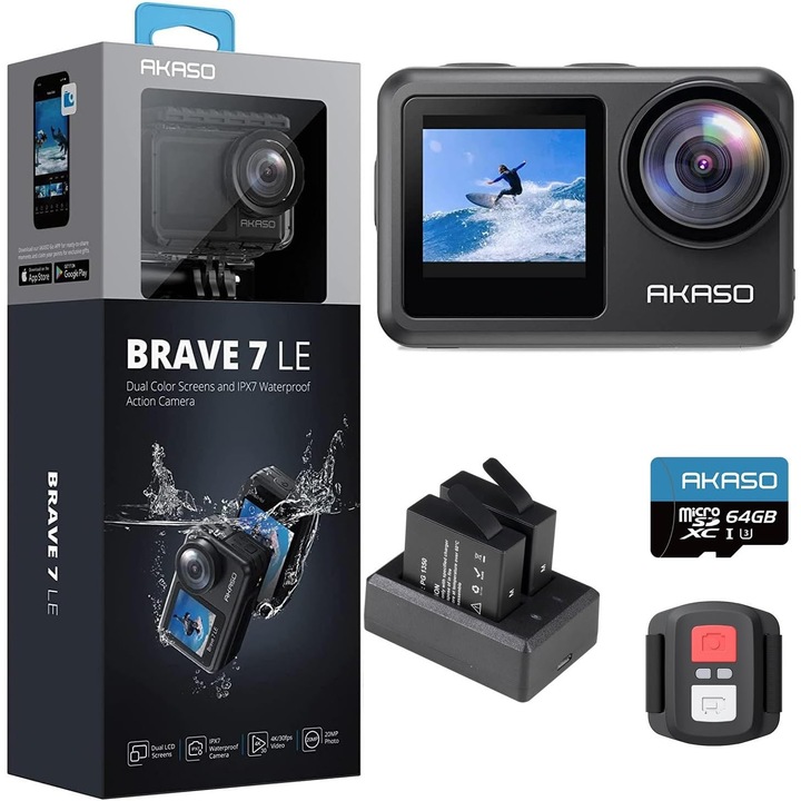 Camera de actiune AKASO Brave 7 LE, 4K 30FPS, 20MP, EIS 2.0, Dual Screen, Touchscreen, Waterproof 40m, WiFi, IPX7, card 64GB inclus