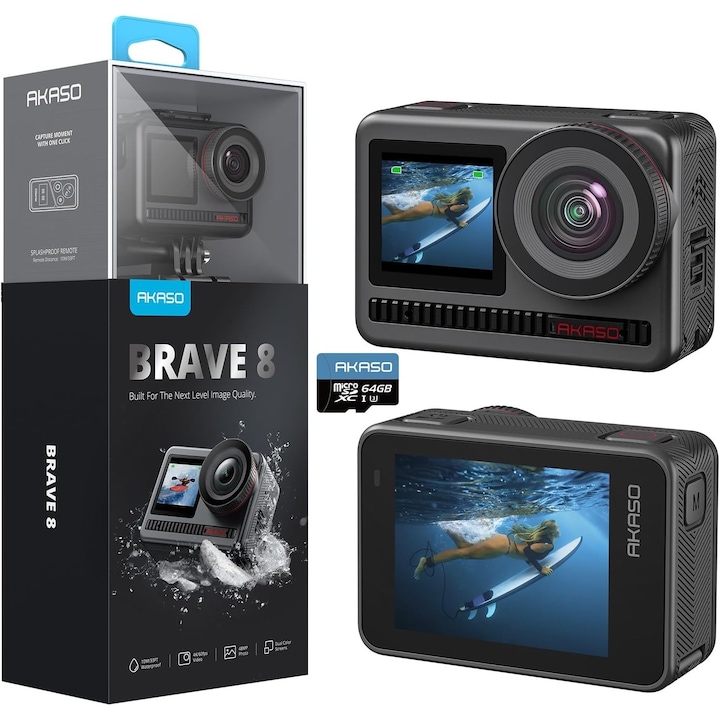 Camera de actiune AKASO Brave 8, 4K 60FPS, 48MP, SuperSmooth EIS, 150° Wide Angle, Touchscreen, 8X Zoom, Slow Motion 16x, IPX8, WiFi, cu 2 baterii 1550mAh, card 64GB inclus