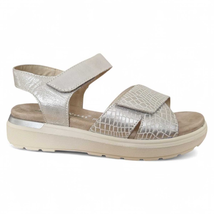 Sandale femei, din piele naturala, Reflexan, inchidere cu scai, cu aspect de piele de sarpe, model versatil si confortabil, Argintiu, 38 EU