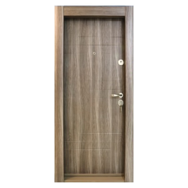 Usa metalica de apartament cu izolatie si vizor Novo Doors First Class NDS19, Cu toc imbracat si folie PVC, Deschidere Stanga, Dimensiune 200X88 cm, Tabla 1.2 mm, Kit complet, Maron tanganica