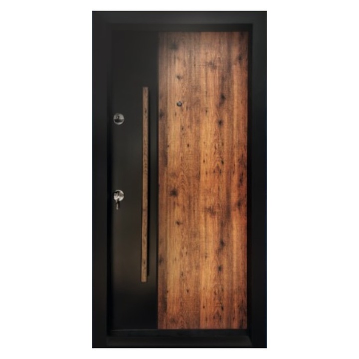 Usa metalica de exterior cu izolatie si vizor Novo Doors NDA4, Din compozit, 2 yale, Kit complet, Pentru case, Deschidere Dreapta, Dimensiune 200X98 cm, Negru perlat cu stejar auriu