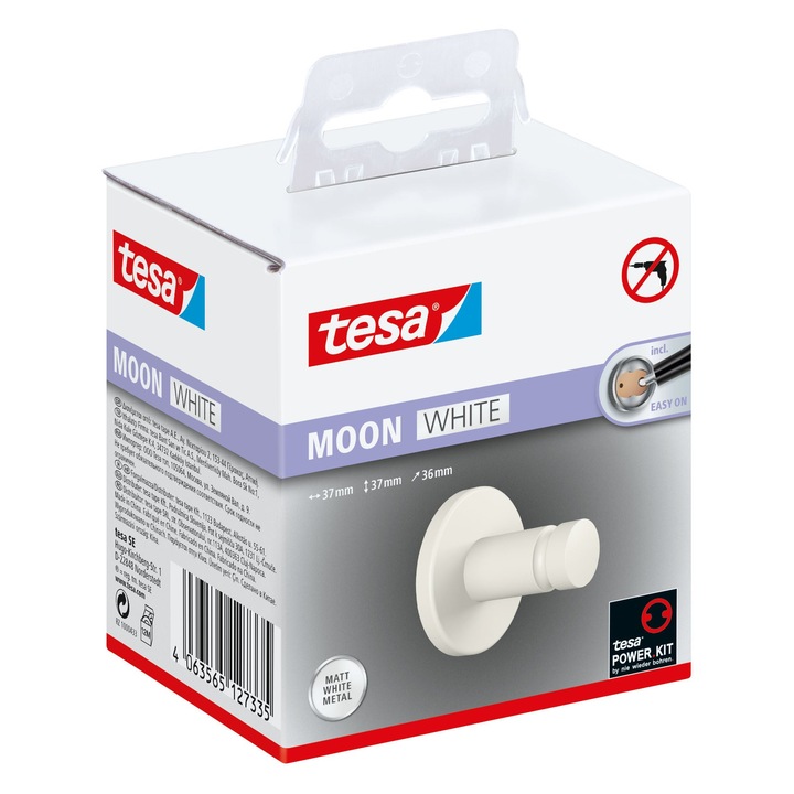 Cuier baie tesa Moon White 40573, montaj pe perete, sistem fixare Power Kit inclus, metal, 1 agatatoare, alb mat