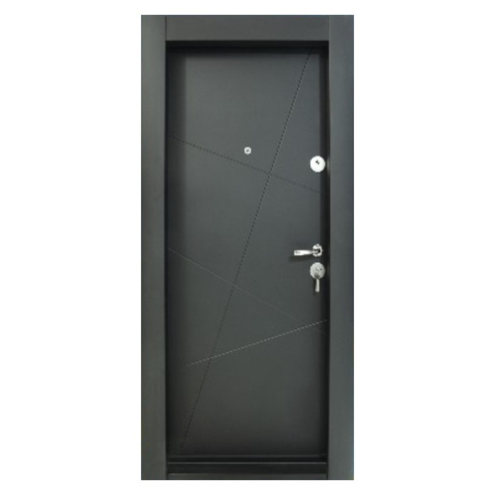 Usa metalica de apartament cu izolatie si vizor Novo Doors First Class NDS18, Cu toc imbracat si folie PVC, Deschidere Stanga, Dimensiune 200X88 cm, Tabla 1.2 mm, Kit complet, Negru perlat