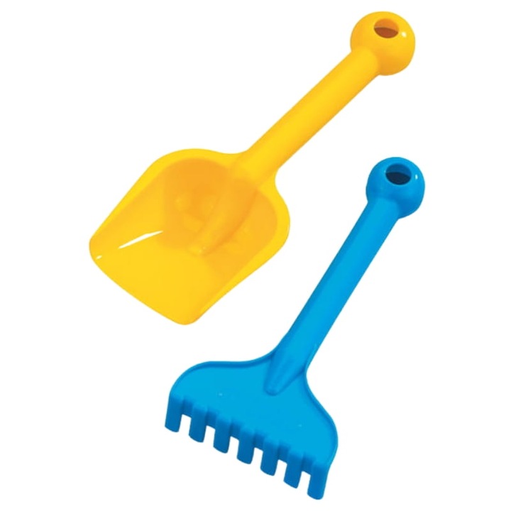 Комплект лопата + гребло, Marioinex, Изработен от здрава, устойчива пластмаса, Безопасен за малки деца, Нетоксичен, 100% рециклируем, Ергономични форми, Здрава конструкция, Заоблени ръбове, 7 см x 18 см x 4,5 см, Червено/Жълто