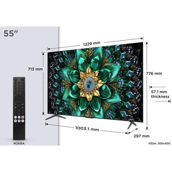 Televizor Mini LED TCL 55Q6C, 4K Ultra HD, 55", 138 cm, Smart Google TV, Clasa F, Negru