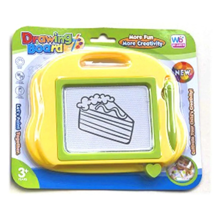 Tabla de desen cu creion magnetic – jucarie creativa pentru copii, galben cu verde, dimensiuni 21x19 cm