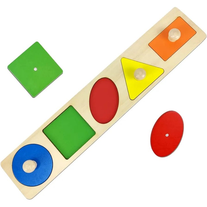 Joc educativ, Puzzle Montessori cu buton cu 5 forme geometrice mari