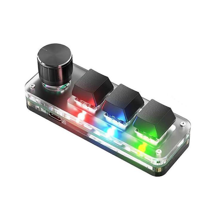 Er-Tech® Мини механична клавиатура с 3 клавиша и 1 потенциометър – програмируем USB макро пад, двоен режим, за игри, видео редактиране, Photoshop, CAD, 3D моделиране, „Направи си сам“