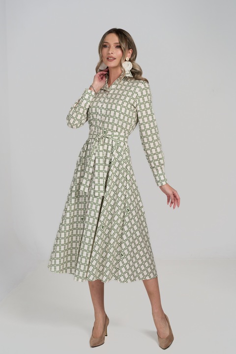 Couture de Marie, Rochie evazata din amestec de in, Alb fildes/Verde feriga, S