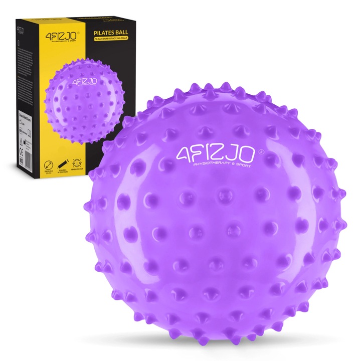 Minge de reabilitare cu tepi, 4FIZJO, diametru 20 cm, anti-explozie, PVC, pompa inclusa, minge gimnastica senzoriala, coordonare, reabilitare coloana, terapie copii si adulti, fitness, exercitii echilibru, violet