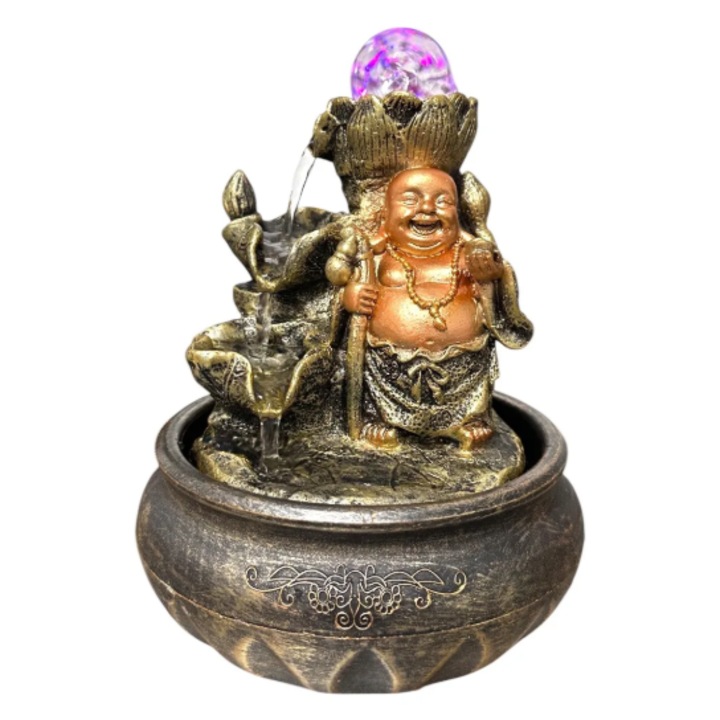 Fantana arteziana electrica, LED, decoratiune Feng Shui pentru interior, Buddha vesel 20x16 cm