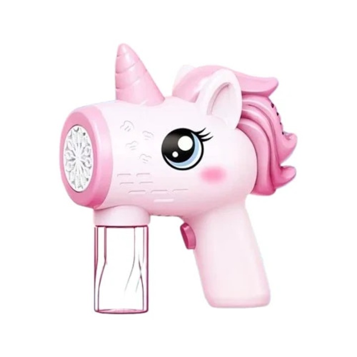 Pistol pentru Baloane de Sapun cu Rezervor pentru Solutie, Explozie de Bule, Model Unicorn Roz