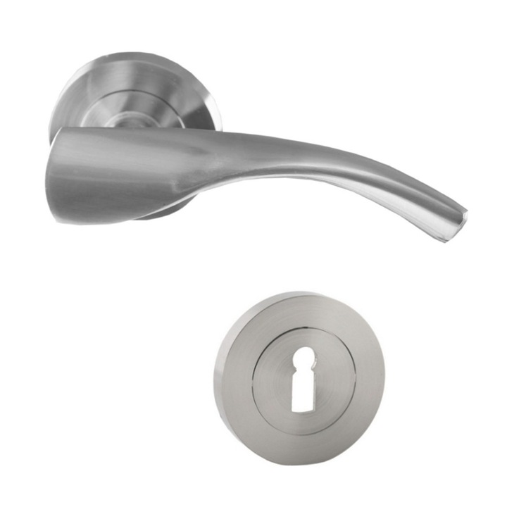 Maner cu rozeta rotunda pentru usa lemn, Bilbao Gato BB(K) RR55SN, zamac, satin nichel, 125 x 55 mm