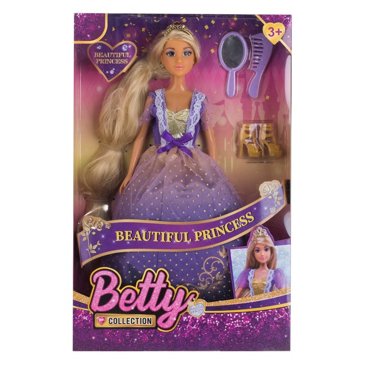 Hercegnő baba lila ruhában és nagyon hosszú hajjal