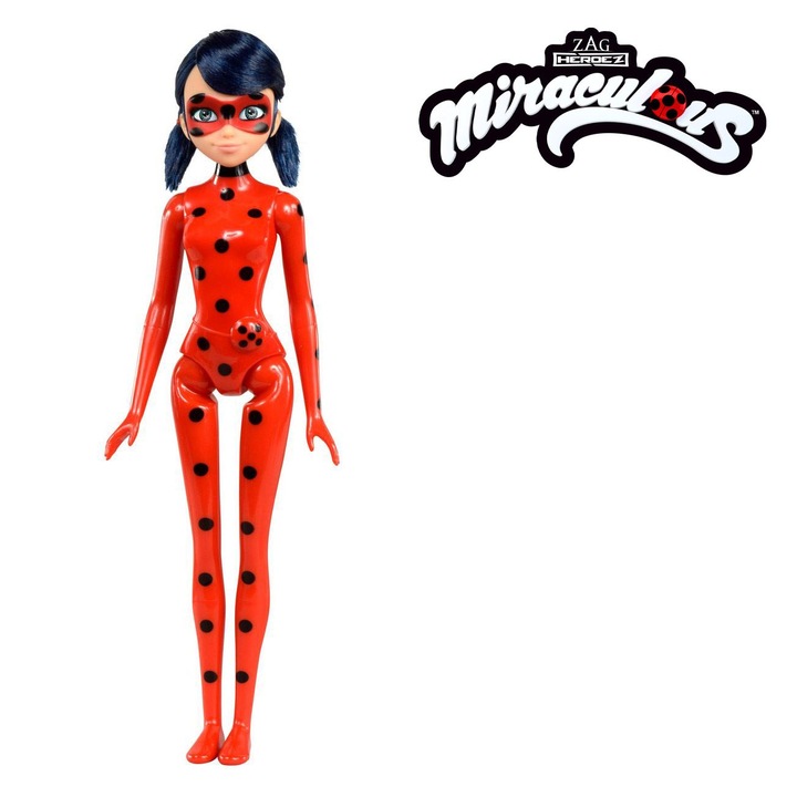 Papusa Miraculous Ladybag ZAG HEROEZ, 28cm, corp plastic, par real, 5 articulatii