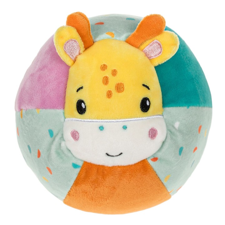 Zörgő textil labda zsiráf 12cm, színes, az érzékek fejlesztésére