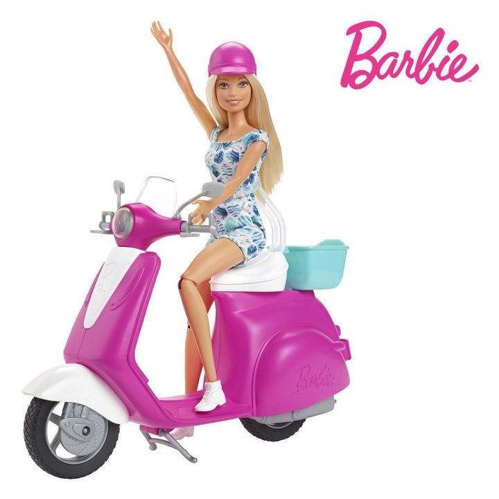 Mattel Barbie baba, robogóval, rózsaszín/fehér, sisakkal, MYONNA IT & E-COMMERCE ®