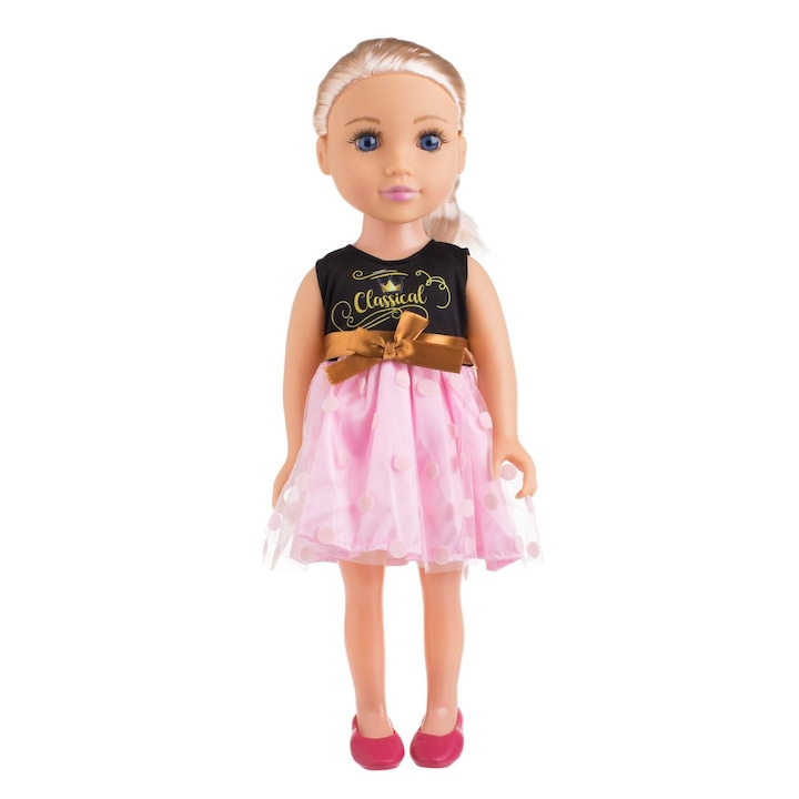 Divatos lány baba fekete rózsaszín ruhában - 45cm