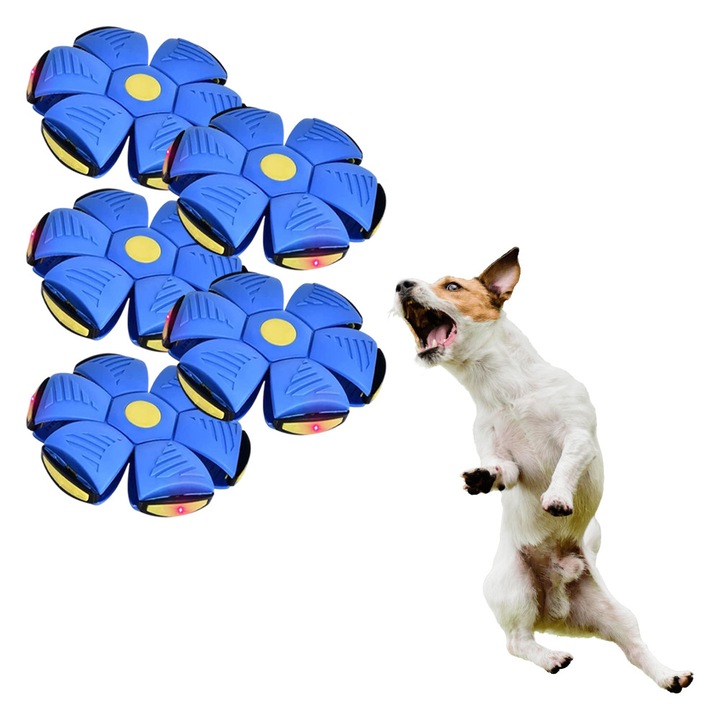 OPTIM SOLUTION, 5 db-os UFO repülő labda kutyáknak, Mozgásérzékelővel irányított repülés, Interaktív frizbi, Interaktív játék háziállatoknak, Reflexeket, Koordinációt fejleszt, Kettős funkció, LED fények, Levitáció, Úszik, Kék