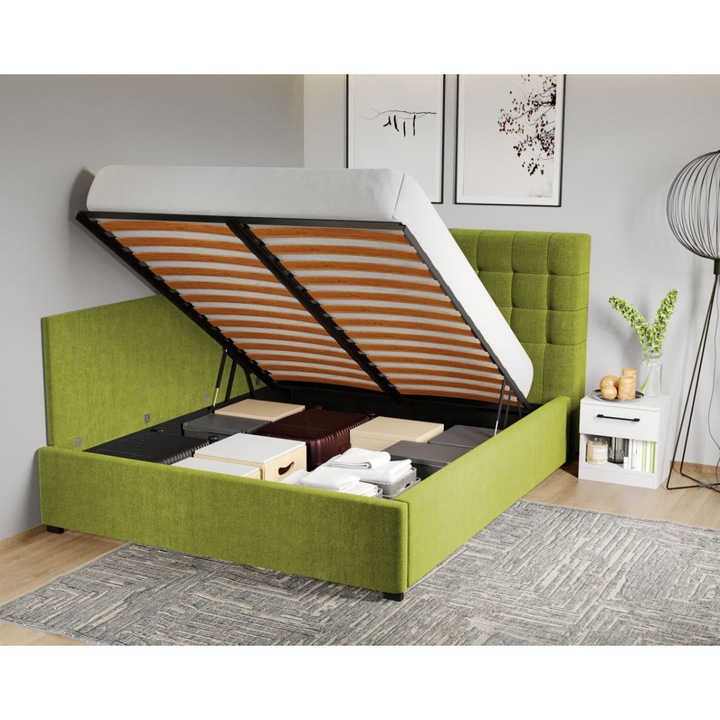 Pat Tapitat de colt, Rivo cu Somiera Rabatabila si lada, 140x200, Verde/Falcone 22