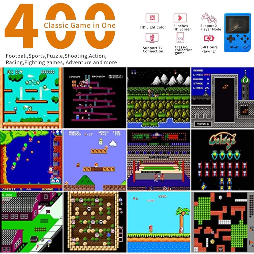 Consola de jocuri retro portabila cu 400 de jocuri clasice, Pocketboy, capacitate pentru 2 jucatori, iesire TV, portabila si reincarcabila