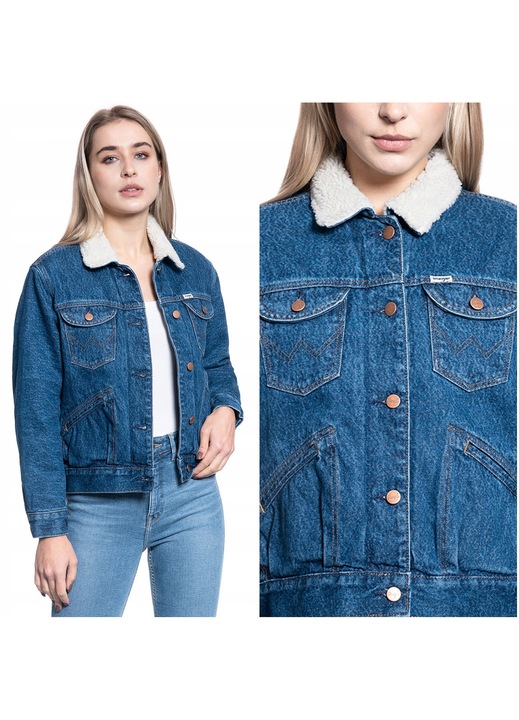Дамско яке, Wrangler, Шерпа, Стандартна кройка, Закопчаване: Копчета, Състав на материала: 100% Памук, Брой джобове: 4, M, Син, 1 брой