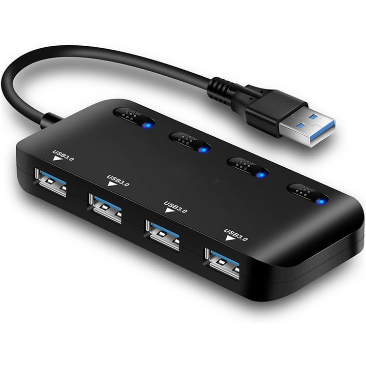 USB 3.0 хъб, Rqiurpn, 4 порта, индивидуални превключватели, черен, 10.5x4.5x1.5см