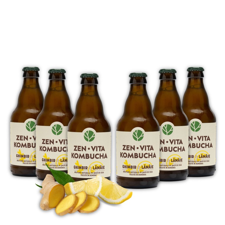 Kombucha, Set 6 sticle x 330 ml, Zenvita, ghimbir & lamaie, nepasteurizat (RAW)