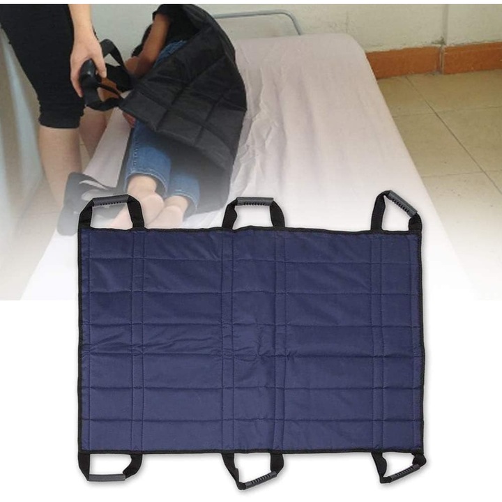 Suport pentru transfer si pozitionare pacient, WALALLA, 6 manere ranforsate rezistente, reutilizabile/lavabile, pentru rotire, ridicare si repozitionare, 108×68 cm, albastru