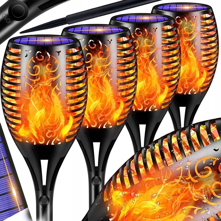 Set 4 lampi solare LED, efect flacara, 51cm, negru