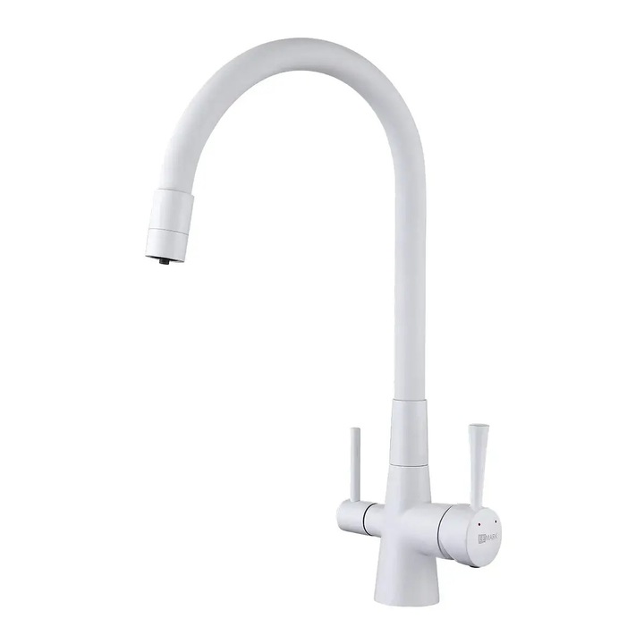 Baterie cu 3 cai, PREMIER FLEX Comfort, finisaj alb, teava flexibila, flux separat apa filtrata si apa menajera (rece si calda)