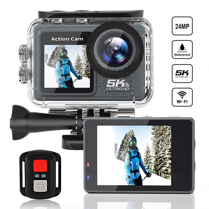 Спортна видеокамера Fudisenn 5K, 24 MP, двоен екран, водоустойчивост до 30 м, широкоъгълен обхват 170°, с 64GB SD карта, дистанционно управление, пълен комплект