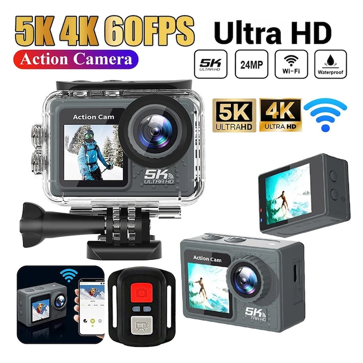 Спортна видеокамера Fudisenn 5K, 24 MP, двоен екран, водоустойчивост до 30 м, широкоъгълен обхват 170°, с 64GB SD карта, дистанционно управление, пълен комплект