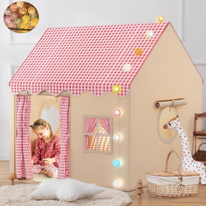 Детска палатка, WALALLA, Палатка тип „замък“ за момичета с LED светлини, 120x105x128см, розова, за 3-10 години