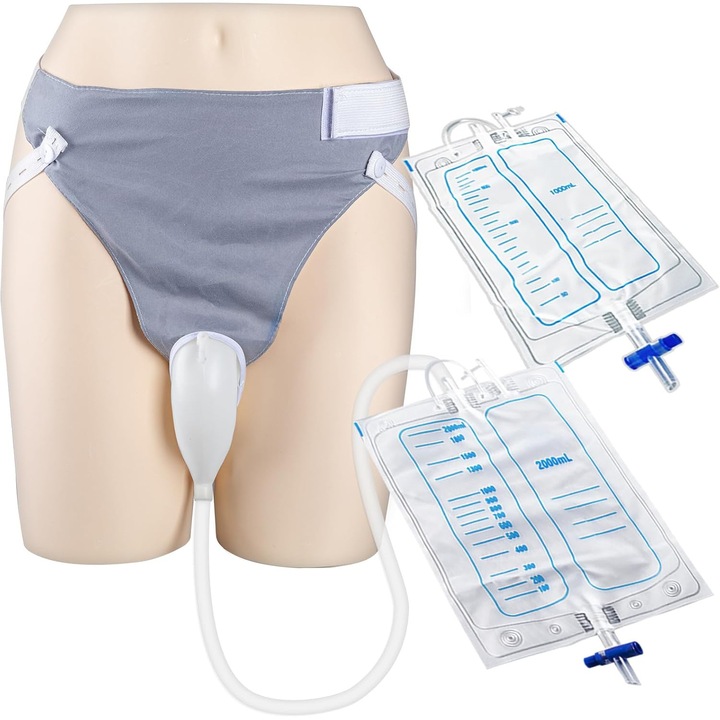 Set colector de urina portabil, WALALLA, cu 2 pungi de drenaj 1000/2000 ml, cateter din silicon reutilizabil, pantaloni din bumbac ajustabili, gri, universal pentru femei