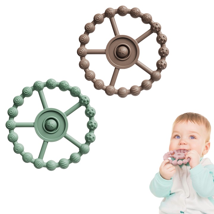 Set 2 Jucarii din Silicon pentru Dentitie, 9.5x9.5x1.3cm, Verde Oliv si Maro inchis- QiFeng™