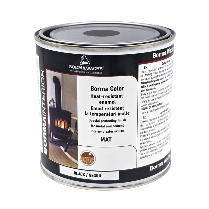 Email pentru metal si ciment, Borma Color, rezistent la temperaturi inalte, interior / exterior, negru mat, 0.75 L
