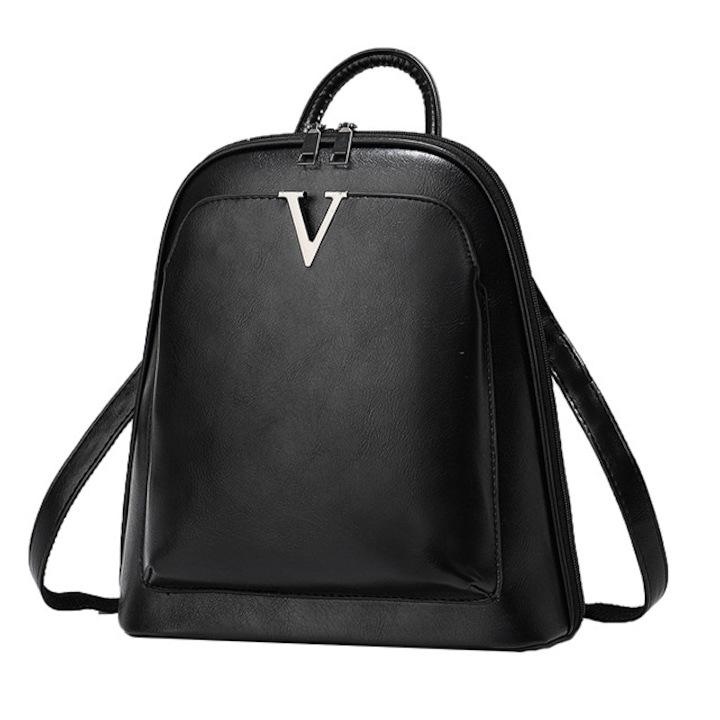 Rucsac dama 2 in1, transformabil in geanta, cu bareta reglabila sau maner fix, bretele reglabile, piele ecologica, 8 compartimente spatioase, negru