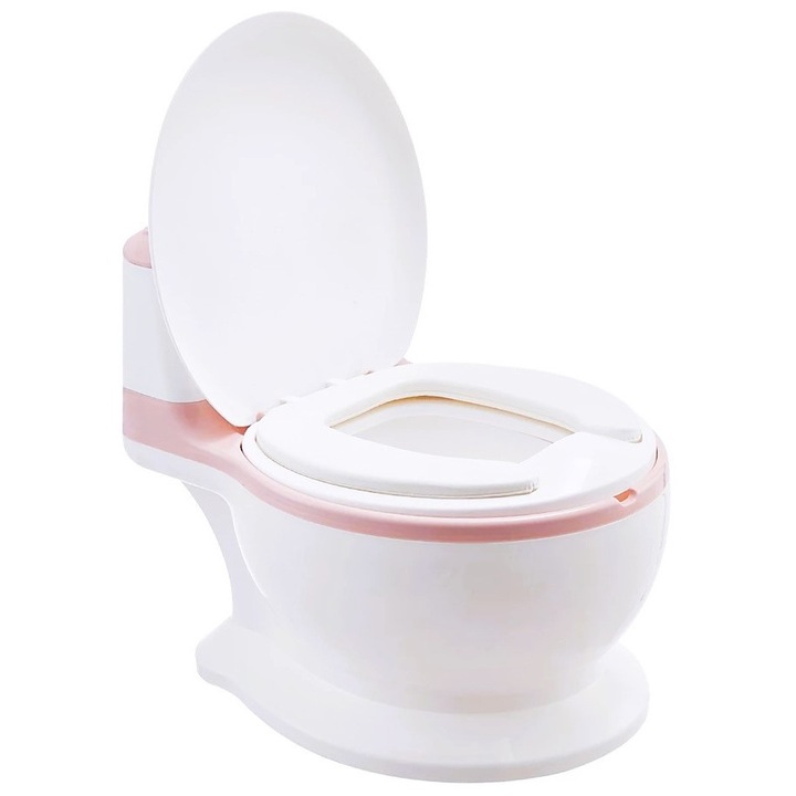 Olita tip minitoaleta pentru copii Little Mom Pink, design realist si ergonomic, colac PVC, cu vas colector detasabil, suport pentru hartie, baza antiderapanta, dimensiune 39 x 27 x 32 cm