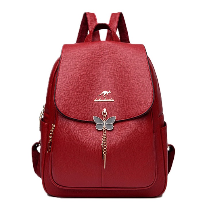 Дамска раница, с фиксирана дръжка и регулируеми презрамки, екокожа, 8 просторни отделения, червена