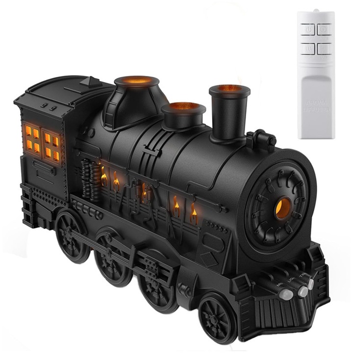 Difuzor Aromaterapie Tren, Rqiurpn, Ideal pentru Birou, Casa, Yoga, Spa, Umidificare, LED, Ultrasunete, 300ml, Silentios 36dB, Timer 8 Ore, Umidificator Aer, Lampa Ambientala, ABS, Negru