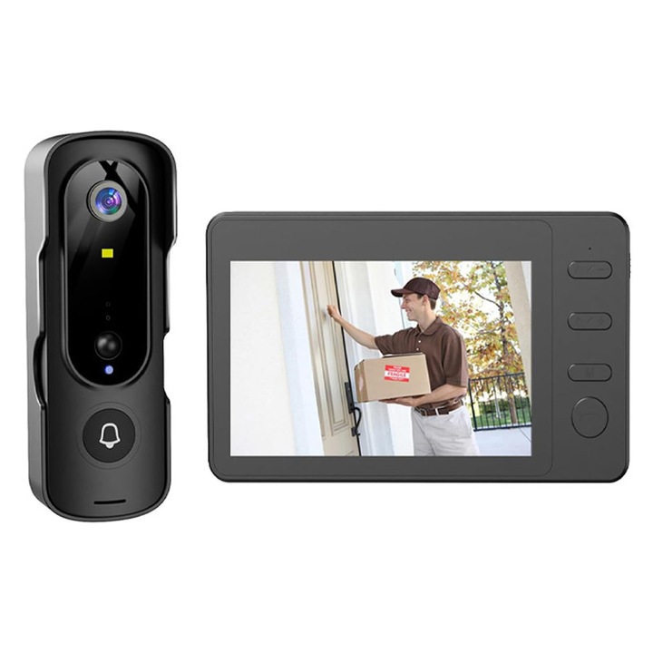 Sonerie video fara fir wireless exterior cu monitor, Rqiurpn, camera video 1080P HD, ight Vision Infrarosu, Senzor IR, ecran 4.3", Unghi de vizualizare 160°, detectie miscare, montare usoara, Negru