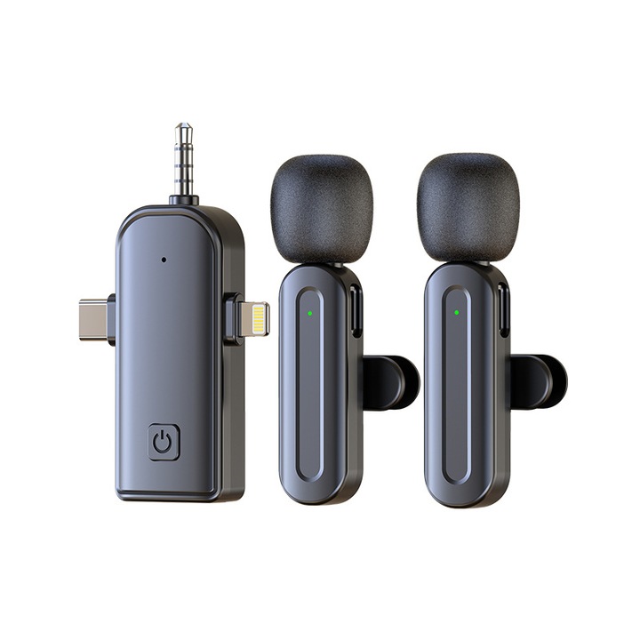 Kit microfon lavalier profesional (pachet de 2), Microphones, Fudisenn, echipate cu USB-C, Lightning si mufe de 3,5 mm, 2,4 GHz, cu anulare a zgomotului, compatibile cu telefoane mobile, laptopuri, dispozitive iOS, Android si iPad, negru