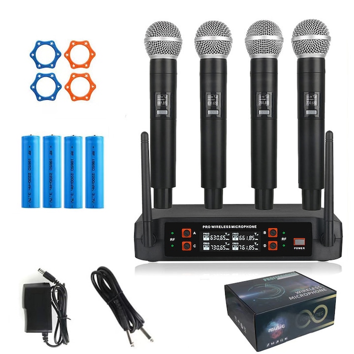 4 seturi de microfoane wireless profesionale cu receptoare, omnidirectionale, Fudisenn, reglare independenta a volumului microfonului, portabile, reducere inteligenta a zgomotului, antene duale, potrivite pentru karaoke, transmisie live in aer liber