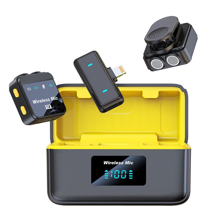 Doua seturi de microfoane profesionale wireless tip lavaliera, 2.4G, Fudisenn, magnetice, reducere inteligenta a zgomotului, plug and play, interfata TYPE-C, adaptor Apple, potrivite pentru camera, iPhone, Android, negru/galben