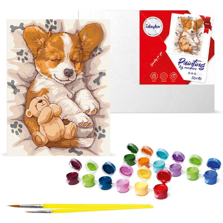 Kit de pictat dupa numere Ramiz, Catelus corgi adormit (30x40 cm)
