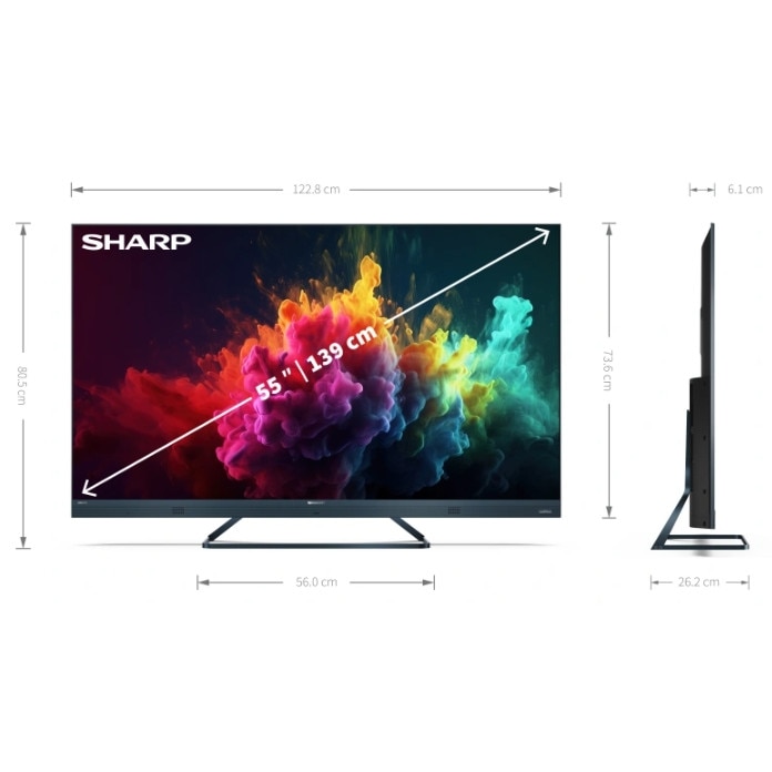 Televizor Sharp 55FQ8EG, televizor QLED GOOGLE de 55", rezolutie 4K 144Hz Quantum Dot, 3840x2160, subtire, fara rama, din aluminiu, AQUOS AI, DVB-T/T2/C/S/S2, 500 NIT, Active Motion 1400, HARMAN/KARDON, HDR10, Dolby Atmos, Dolby Vision