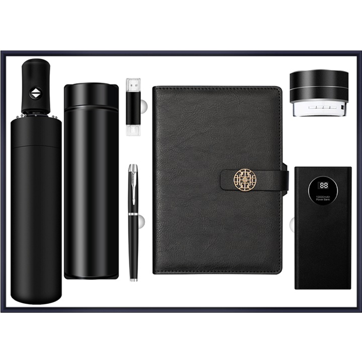 Set Cadou Premium cu Termos Inteligent 450ml din Otel Inoxidabil, Powerbank 10.000mAh, Boxa Bluetooth, Umbrela Compacta, USB Dual 16GB, Pix Metalic si Caiet A5 Elegant. Negru