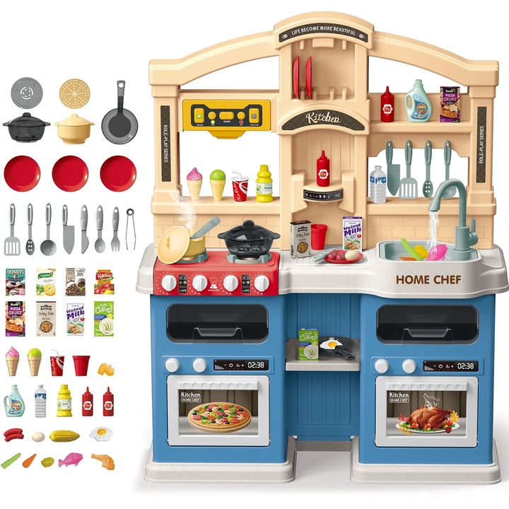 Bucatarie pentru Copii Mavio®, Simulare Gatit, Chiuveta cu Circuit Apa, Aragaz cu Aburi, Hota Interactiva, 77 piese, Inaltime 83, Lumini si Sunete Realiste, Ustensile Preparare Mancare, Albastru